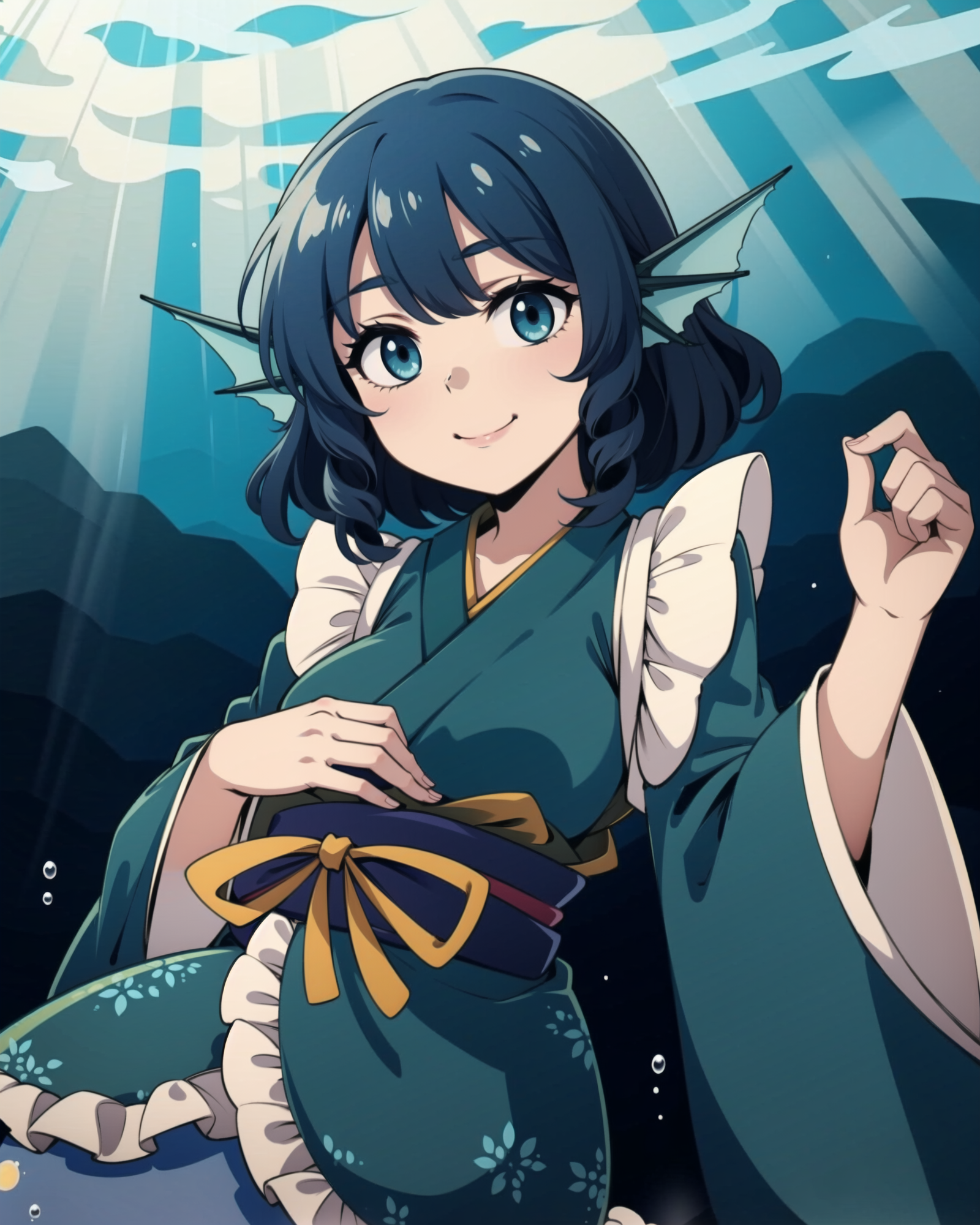 01326-79954216-_lora_Wakasagihime_1_, wakasagihime, 1girl,mermaid, monster girl,blue hair,short hair,blue eyes,head fins,japanese clothes, kimo.png